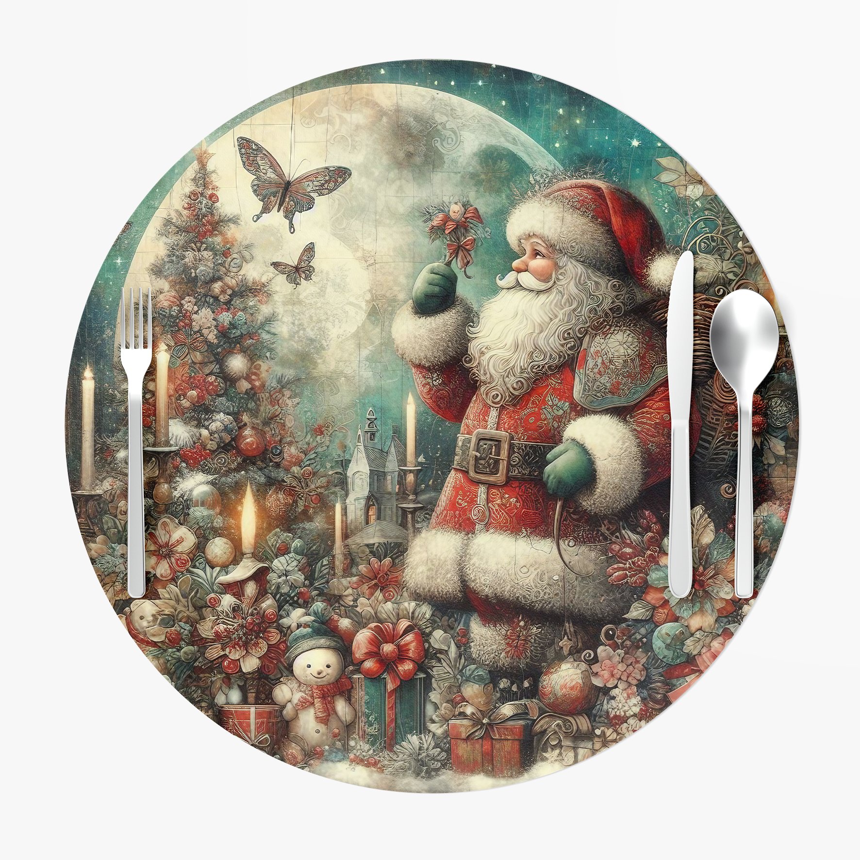 Yılbaşı Koleksiyonu- Servis Suplası Vintage Christmas Noel Baba 3'lü Set Kumaşı Dikilmemiş