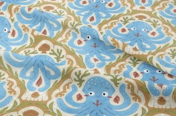 Ahtapot Desenli Çocuk ve Dekoratif Kumaş, Deniz Temalı Mavi Kumaş