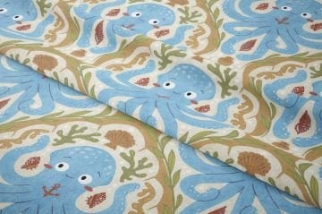 Summer Collection Cream Based Blue Octopus Multi-Purpose Decorative Digital Print Fabric
