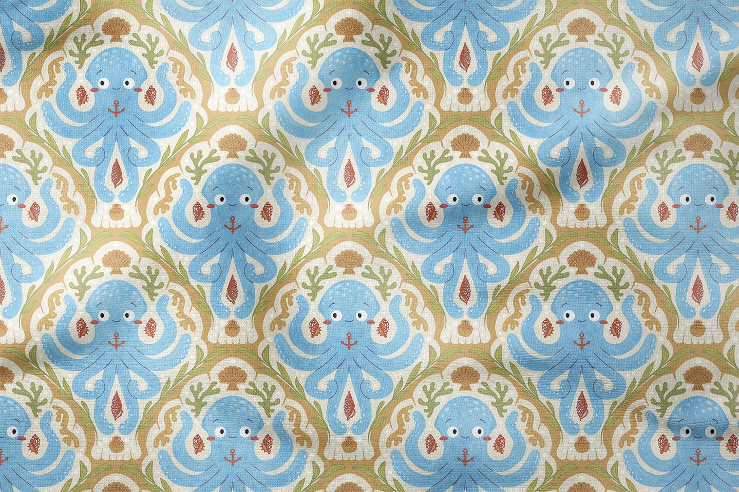 Summer Collection Cream Based Blue Octopus Multi-Purpose Decorative Digital Print Fabric