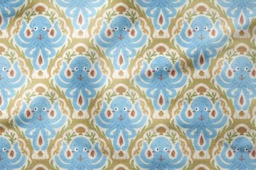 Summer Collection Cream Based Blue Octopus Multi-Purpose Decorative Digital Print Fabric