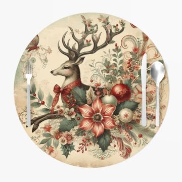 Yılbaşı Koleksiyonu- Servis Suplası Vintage Christmas Geyik 3'lü Set Kumaşı Dikilmemiş