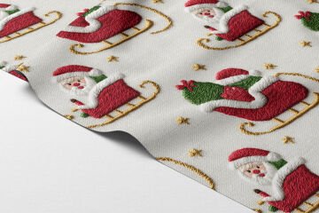 Yılbaşı Koleksiyonu- 3D Nakış Efektli Santa Claus Nobel Baba Çok Amaçlı Dekoratif Dijital Baskı Kumaş