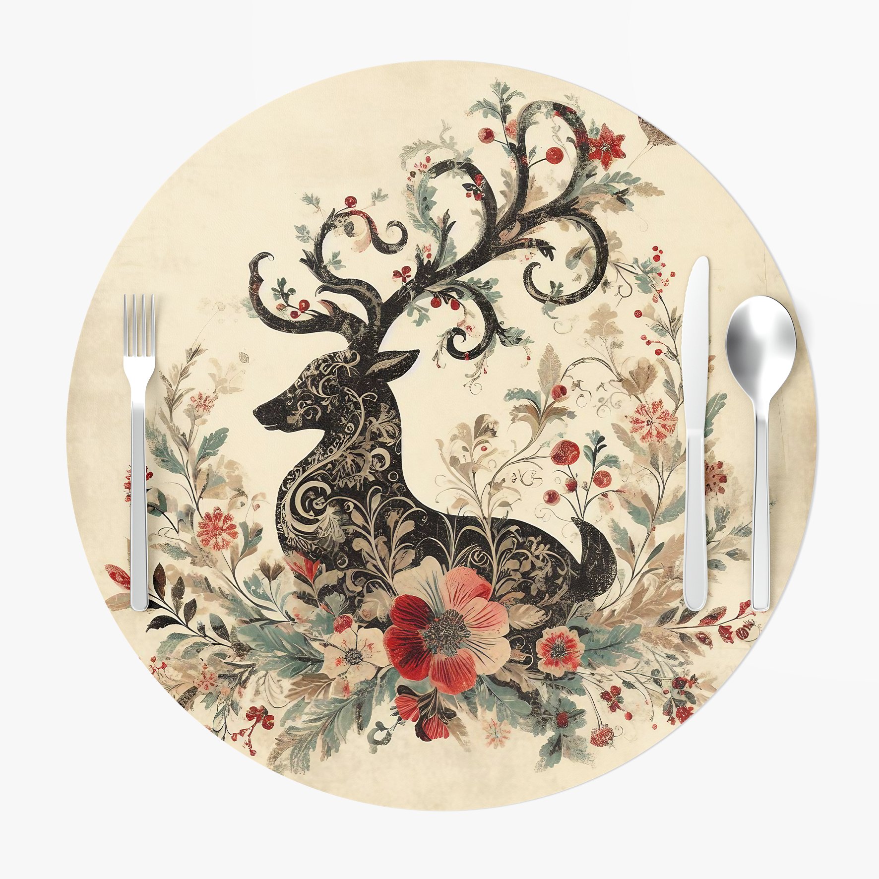 Yılbaşı Koleksiyonu- Servis Suplası Vintage Christmas Geyik 3'lü Set Kumaşı Dikilmemiş