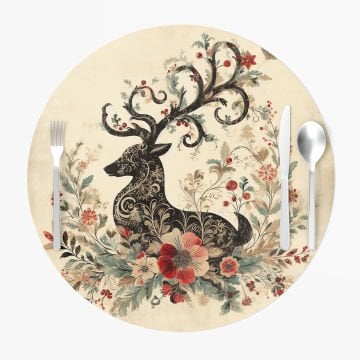 Yılbaşı Koleksiyonu- Servis Suplası Vintage Christmas Geyik 3'lü Set Kumaşı Dikilmemiş