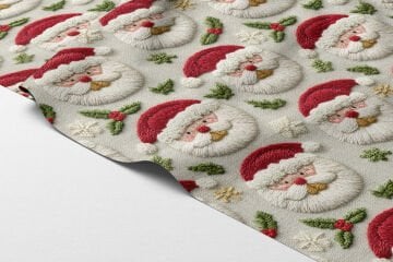 Yılbaşı Koleksiyonu- 3D Nakış Efektli Santa Claus Nobel Baba Çok Amaçlı Dekoratif Dijital Baskı Kumaş