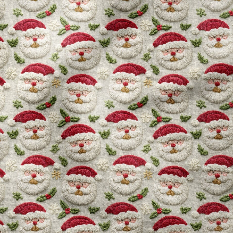 Yılbaşı Koleksiyonu- 3D Nakış Efektli Santa Claus Nobel Baba Çok Amaçlı Dekoratif Dijital Baskı Kumaş